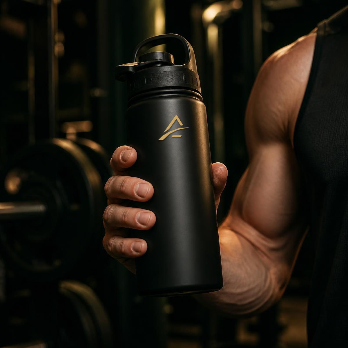 Athlete holding a black insulated training bottle