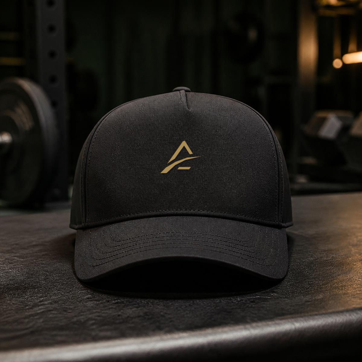 Black structured performance cap on a dark surface