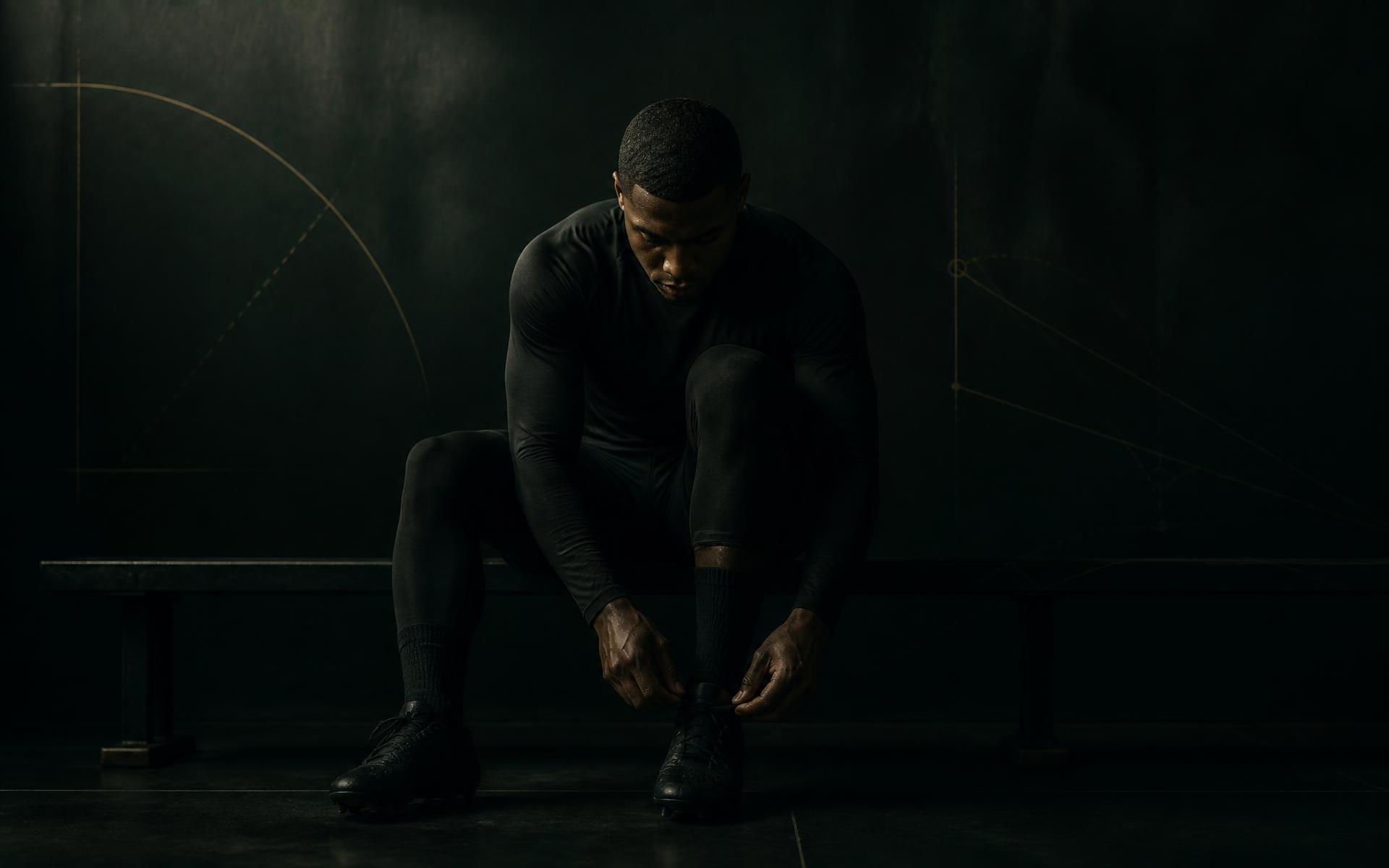 Individual athlete in focused preparation on a bench in a dark facility