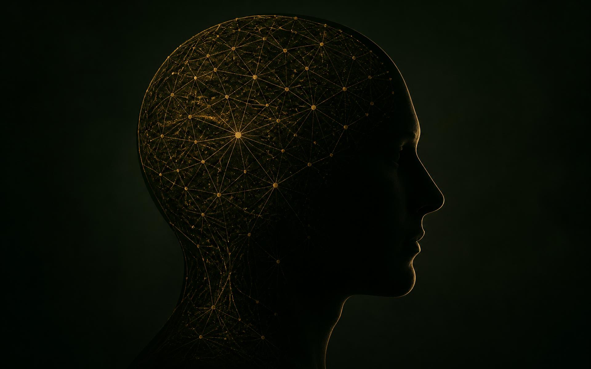 Side profile of a head with a subtle gold neural mesh inside