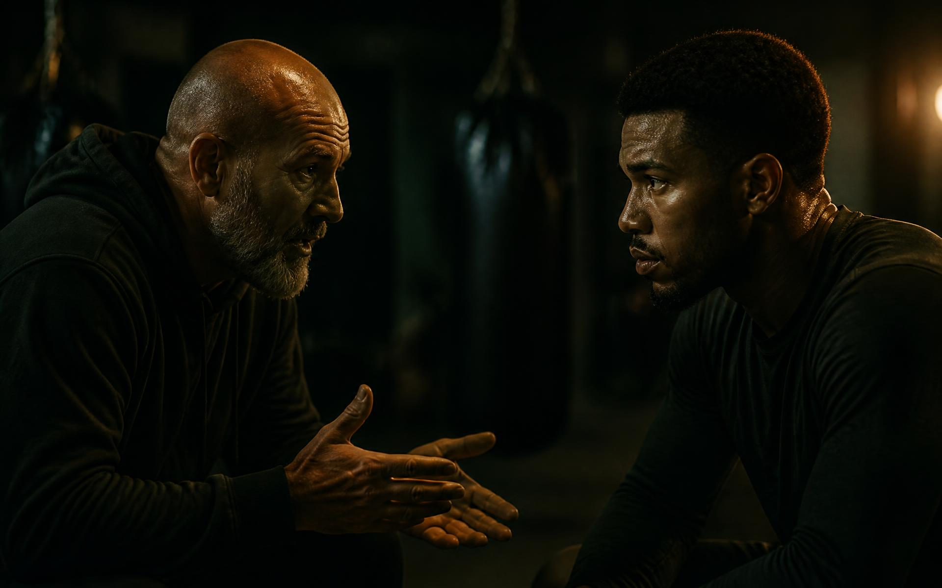 Coach and athlete in a focused face-to-face conversation in a dark gym
