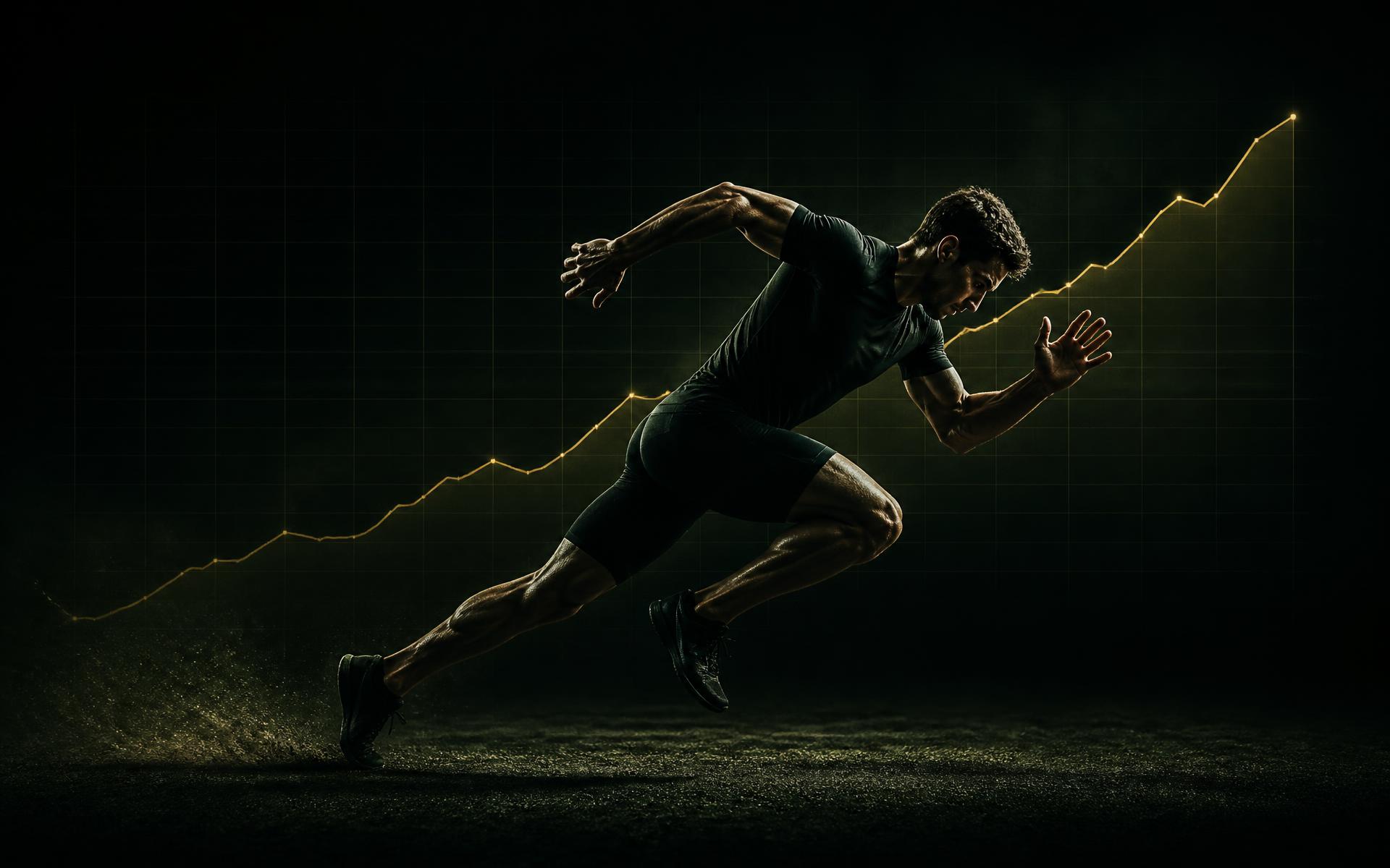 Sprinter accelerating to the right with a gold performance line behind him