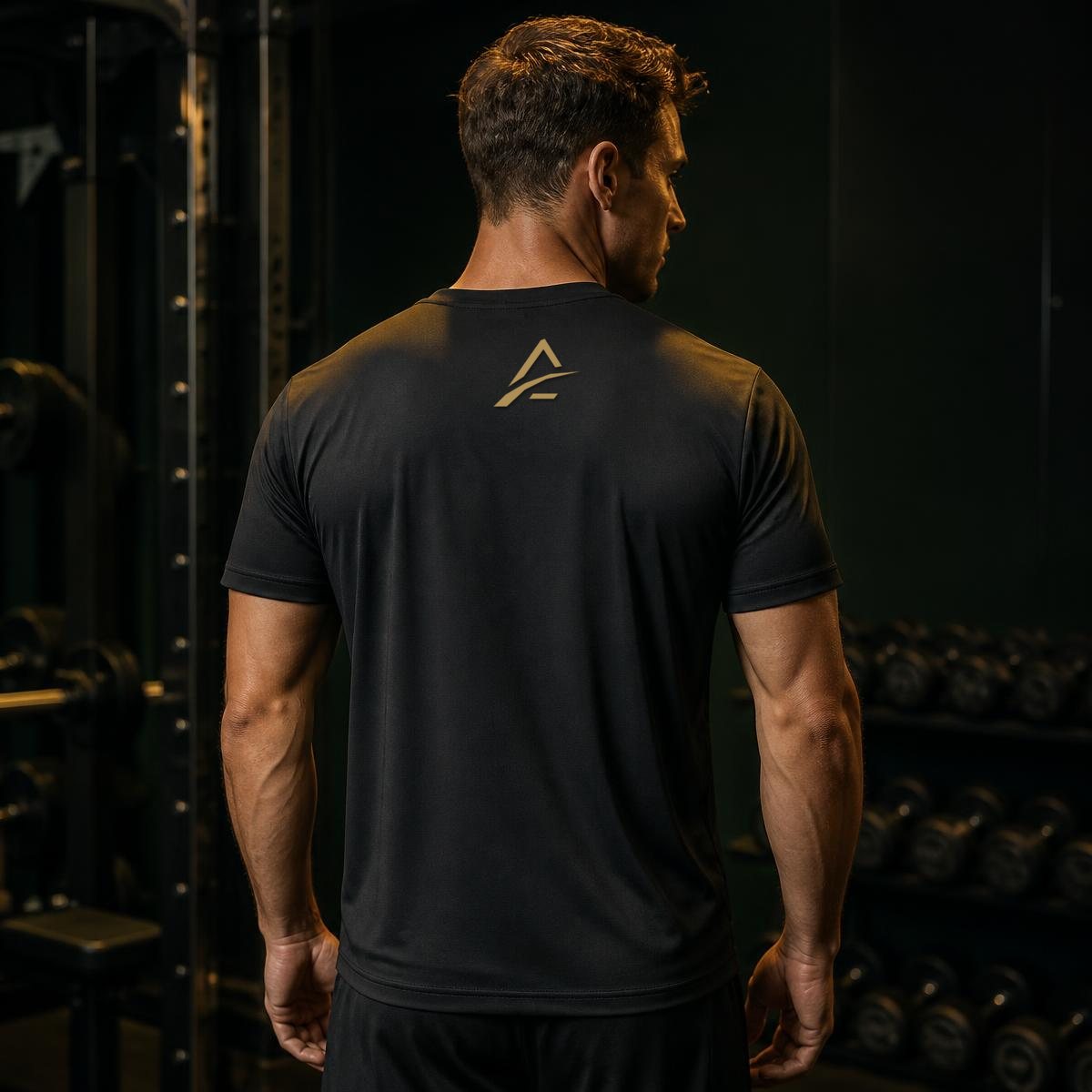 Athlete wearing a black dry-fit training tee, seen from behind